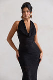 Granada Black Zebra Print Cowl-Neck Fishtail Maxi Dress