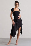 Corsica Black Gathered Mesh Long-Sleeve Draped Mini Dress