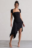 Corsica Black Gathered Mesh Long-Sleeve Draped Mini Dress
