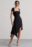 Corsica Black Gathered Mesh Long-Sleeve Draped Mini Dress