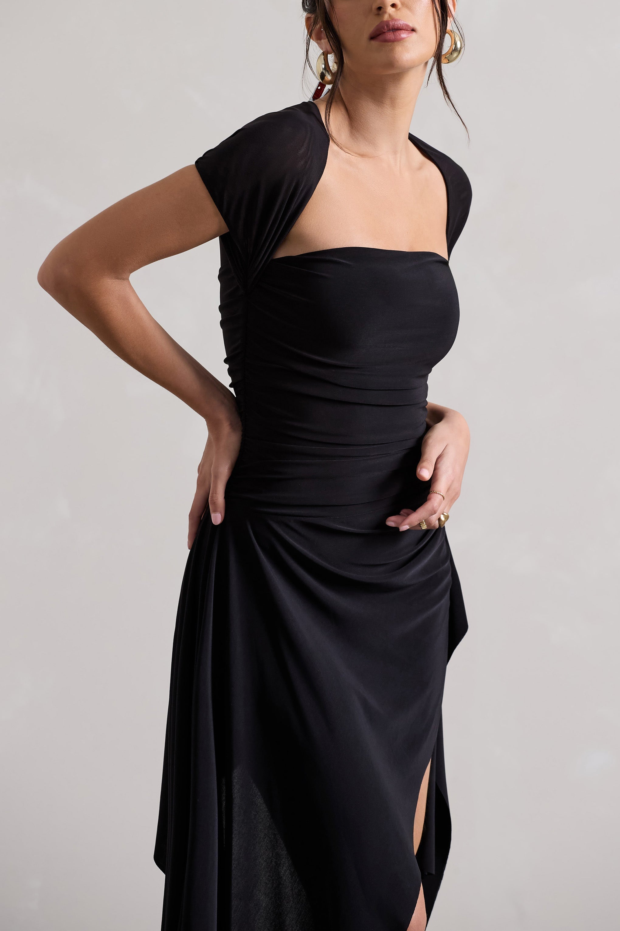 Corsica Black Gathered Mesh Long-Sleeve Draped Mini Dress