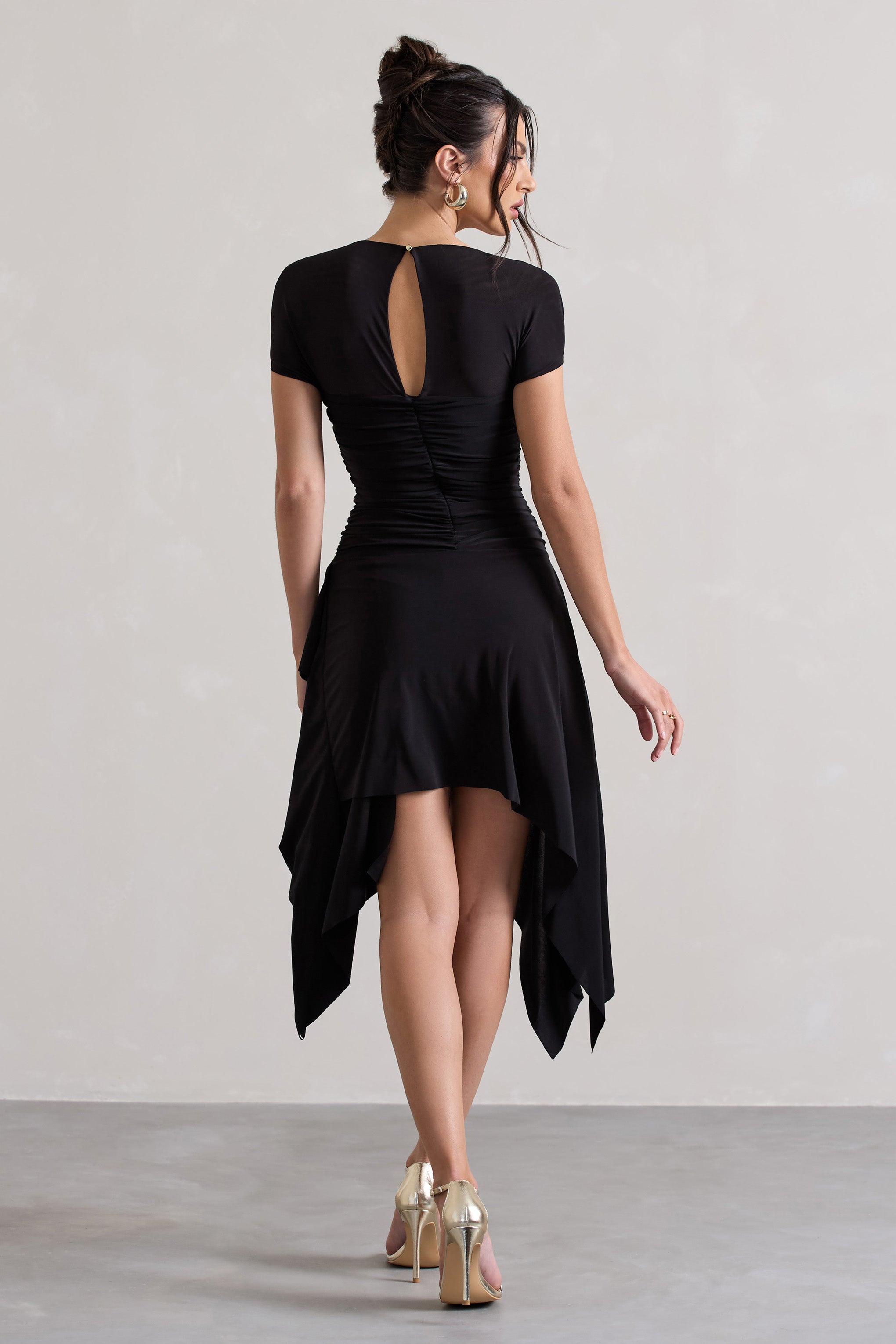 Corsica Black Gathered Mesh Long-Sleeve Draped Mini Dress