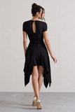 Corsica Black Gathered Mesh Long-Sleeve Draped Mini Dress