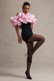 Macaron Black Bardot Mini Dress With Pink Ruffle Trim