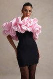 Macaron Black Bardot Mini Dress With Pink Ruffle Trim