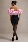 Macaron Black Bardot Mini Dress With Pink Ruffle Trim