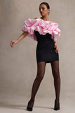 Macaron Black Bardot Mini Dress With Pink Ruffle Trim