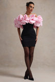Macaron Black Bardot Mini Dress With Pink Ruffle Trim