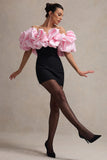 Macaron Black Bardot Mini Dress With Pink Ruffle Trim