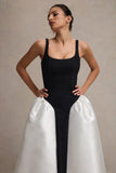 Christie Black and Cream Scoop-Neck Midi Dress With Volume Skirt
