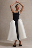 Christie Black and Cream Scoop-Neck Midi Dress With Volume Skirt