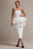 Jones White Strapless Midi Dress With Tulle Peplum Waist
