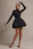 Jupiter Black Satin High-Neck Mini Dress With Sheer Sleeves