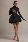 Jupiter Black Satin High-Neck Mini Dress With Sheer Sleeves