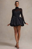 Jupiter Black Satin High-Neck Mini Dress With Sheer Sleeves