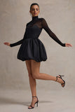 Jupiter Black Satin High-Neck Mini Dress With Sheer Sleeves
