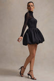 Jupiter Black Satin High-Neck Mini Dress With Sheer Sleeves