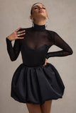 Jupiter Black Satin High-Neck Mini Dress With Sheer Sleeves