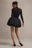 Jupiter Black Satin High-Neck Mini Dress With Sheer Sleeves