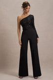 Upgrade Black Lace Asymmetric Belted Wide-Leg Jumpsuit
