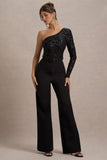 Upgrade Black Lace Asymmetric Belted Wide-Leg Jumpsuit