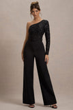 Upgrade Black Lace Asymmetric Belted Wide-Leg Jumpsuit