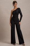 Upgrade Black Lace Asymmetric Belted Wide-Leg Jumpsuit