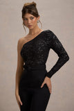 Upgrade Black Lace Asymmetric Belted Wide-Leg Jumpsuit