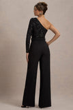 Upgrade Black Lace Asymmetric Belted Wide-Leg Jumpsuit