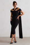 Galia Black Strappy Midi Dress With Drape