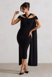 Galia Black Strappy Midi Dress With Drape