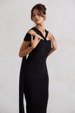 Galia Black Strappy Midi Dress With Drape