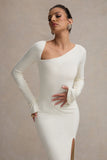Cosmos White Asymmetric Long-Sleeve Split Maxi Dress