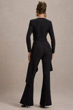 Eminent Black Square-Neck Flared-Leg Jumpsuit With Draped Waist