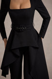 Eminent Black Square-Neck Flared-Leg Jumpsuit With Draped Waist