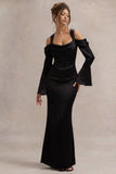 Heartthrob Black Satin Draped Bardot Maxi Dress