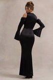 Heartthrob Black Satin Draped Bardot Maxi Dress
