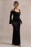Heartthrob Black Satin Draped Bardot Maxi Dress