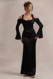 Heartthrob Black Satin Draped Bardot Maxi Dress