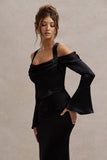 Heartthrob Black Satin Draped Bardot Maxi Dress
