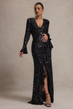 Wild Dream Black Sequin Plunge-Neck Ruffle Split Maxi Dress