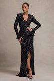 Wild Dream Black Sequin Plunge-Neck Ruffle Split Maxi Dress