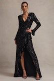 Wild Dream Black Sequin Plunge-Neck Ruffle Split Maxi Dress