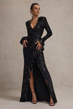 Wild Dream Black Sequin Plunge-Neck Ruffle Split Maxi Dress