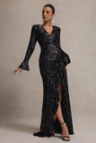 Wild Dream Black Sequin Plunge-Neck Ruffle Split Maxi Dress