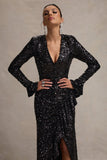 Wild Dream Black Sequin Plunge-Neck Ruffle Split Maxi Dress
