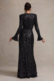 Wild Dream Black Sequin Plunge-Neck Ruffle Split Maxi Dress
