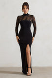 Arden Black High-Neck Split Maxi Dress With Lace Sleeves
