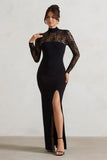 Arden Black High-Neck Split Maxi Dress With Lace Sleeves
