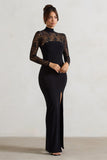 Arden Black High-Neck Split Maxi Dress With Lace Sleeves